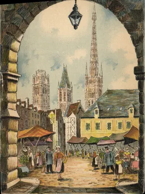 Bilhete postal antigo Fantasia Ilustrador Barday Rouen A antiga praça Alta Torre Velha