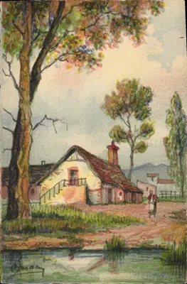 Paisagem rural com casa e caminho — desenho a água forte — 3904 B