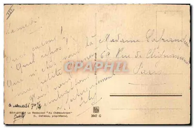 Le Restaurant 'Au Châteaubriant' — Paris — éditeur Beauvain, n° 3047 G — Verso