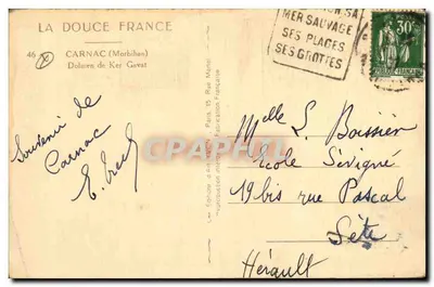 Bilhete postal antigo Dolmen Menhir Carnac Dolmende ker Gavat — Verso