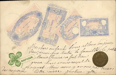 Carte postale illustrée de billets de banque français — éditeur non visible