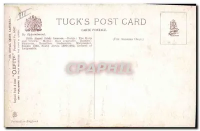 Quinta (Real Irlandesa) Lancers — Brienheim, Ramillies, Oudenarde, Malplaquet, Suakin 1885, África do Sul 1899-1902, Defesa de Ladysmith — Carta de Visita Tuck No. 9387 — Verso
