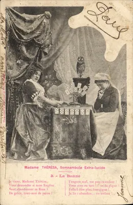 Madame Thérésa, Sonâmbula Extra-lúcida — cena de adivinhação com uma coruja — Fototipia A. Megoret e da Poste em Lyon