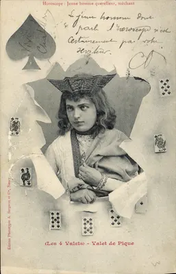 Horóscopo : Jovem briguento, mau — Os 4 Valetes - Valete de Espadas — Edição Fototipia A. Bergeret e Cie, Nancy