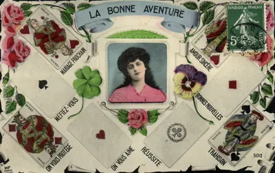 A Boa Aventura — Carta postal decorativa com motivos de cartas de baralho e foto de mulher — MF PARIS