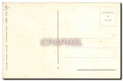Mulher em vestido amarelo e chapéu com fitas — ilustração — editor Vino Raimondi, Milão, n° 64 — Verso