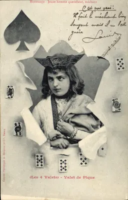 Horóscopo: Jovem briguento, mau — (Os 4 Valetes) — Valet de Espadas — Edição Fototipia A. Bergeret et Cie, Nancy