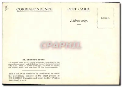 St. George's Spurs — série de 24 cartas para cigarros DE RESZKE — editor Godfrey Phillips — Verso