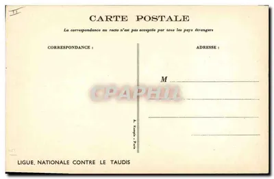 Crianças e mulher com bebê — cena de rua — desenho de M. MULGAT — Ligue Nacional Contra o Taudis — Verso