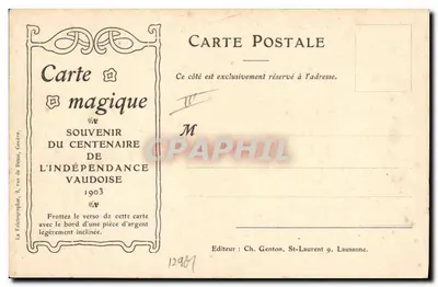 Carta mágica — Lembrança do centenário da independência valdense — Editor Ch. Genton, Lausanne — Verso