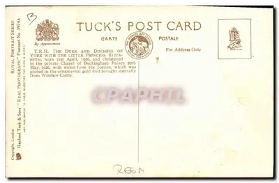 H.R.H. A Duquesa de York com a Pequena Princesa Elizabeth — Retrato por Marcus Adams — Tuck's Post Card n°3974A — Verso