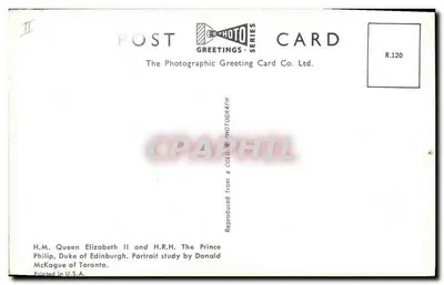 Królowa Elżbieta II i książę Filip — portret oficjalny — The Photographic Greeting Card Co. Ltd. n° R.120 — Rewers