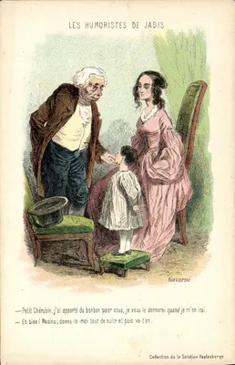 Os Humoristas de Antes — cena de comédia com um homem idoso, uma mulher e uma criança — Gavarni, Coleção da Solução Pautaubege