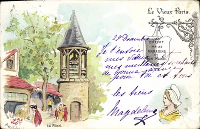 Bilhete postal antigo O Velho Paris No Bon Marché O pilori Casa Boucicaut