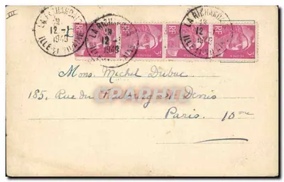 Bilhete postal antigo O Velho Paris No Bon Marché Tour do Louvre e casa com pilares — Verso