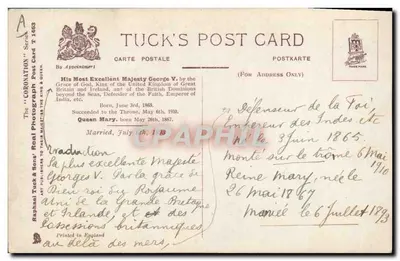 Rei George V e Rainha Marie — Lembrança da Coroação — Tuck's Post Card T 1483 — Verso