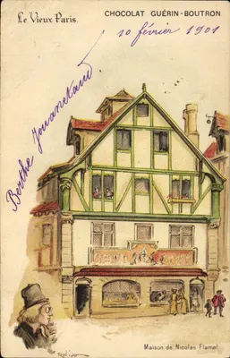 Bilhete postal antigo O Velho Paris Chocolat Guerin Boutron Rua do Marrocos Casa de Nicolas Flamel