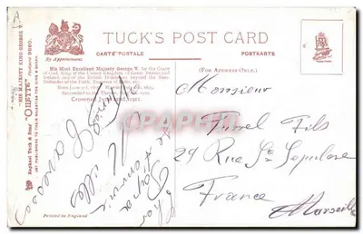 Retrato de George V — rei da Inglaterra e da Irlanda — editor Tuck's Post Card — Verso