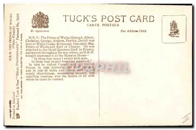 S.A.R. Książę Walii — w mundurze wojskowym — Tuck's Post Card No. 3659 — Rewers
