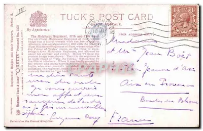 Badge du 57e et 77e Middlesex Regiment — son porteur « The Die Hards » — Tuck's Post Card, série II, n° 2305 — Verso