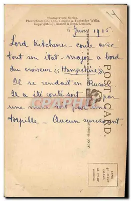 Lord Kitchener — uśmiechnięty — Seria Photogravure, J. Russell & Sons, Londyn — Rewers