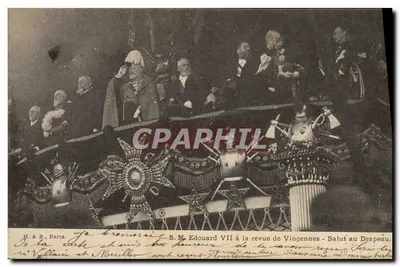 S.M. Edward VII na przeglądzie w Vincennes — Salutacja do flagi — M. & B., Paryż