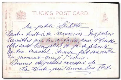 Três gatinhos — um em uma cesta — editor Tuck's, série II — Verso