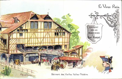 Edifício das Velhas Halles-Théâtre — O Velho Paris. — Oferecido pelos Magasins du Bon Marché. — Assinado por A. Robida.