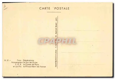 Três Gerações — Monseigneur o Duque de Guise, o Conde de Paris e o Príncipe Henrique da França — editor Bouderrel Raspaill, Paris — Verso