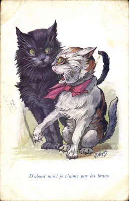 Deux chats — un noir et un tigré avec nœud rouge — dessin de A. Wuyts, série 460