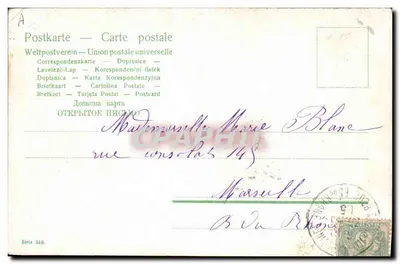 Mulher com dois filhos — diante de uma casa de tijolos e trepadeiras — editor União Postal Universal, série 340 — Verso