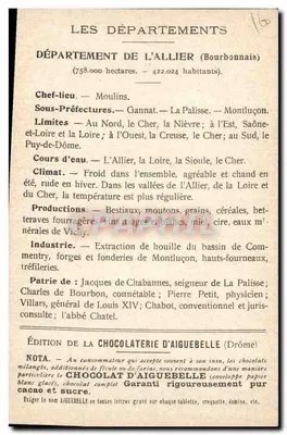 I Dipartimenti: ALLIER — Edizione della Cioccolateria d'Aiguebelle — Verso