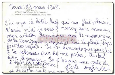 Jovem menino brincando com um gato — Drouais (1699-1768) — Editado pelo Comitê Nacional da Criança, Paris (VIIIe) — Verso
