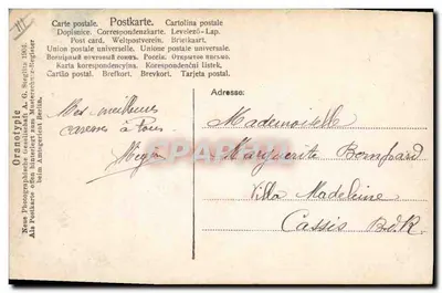 Jovem mulher vestindo um vestido branco e coroa de flores — Souvenirs Affectionnés Gustave — editor Oranotypie, n°322 — Verso