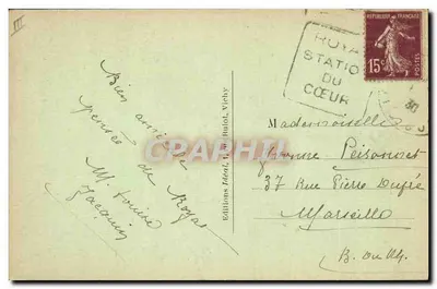 A Auvergne pitoresca — cena de aldeia com músico e dançarinos — Edições Idéal, Vichy, n°165 — Verso