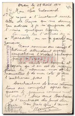 Soldado em uniforme da Argélia — Oran, 28 de agosto de 1914 — assinatura do remetente — Verso