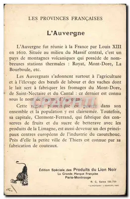 Stara pocztówka Folklore Provincje Francuskie Auvergne Farines Jammet — Rewers