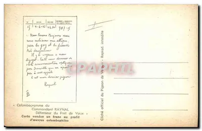 Pombo — 'É meu último pombo' — Colombograma do Comandante Raynal, Forte de Vaux — Verso
