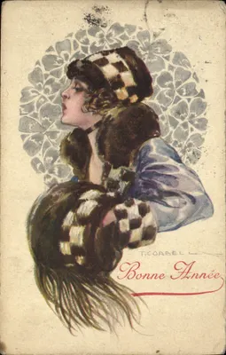 Mulher com chapéu de quadros — T. Corbel — Boa Ano