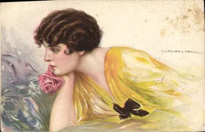 Mulher em vestido amarelo segurando uma rosa — T. Corbella — Produzione Italiana