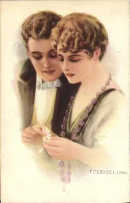 Jovem casal olhando uma flor — T. Corbella — série 169-1