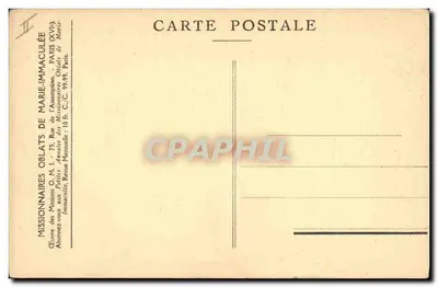 Mission de la Petite Thérèse au cap Esquimaudes — Église et groupe d'enfants enneigés — Éditeur : Missionnaires Oblats de Marie Immaculée — Verso