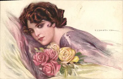 Mulher jovem com buquê de rosas — T. Corbel — Editor italiano