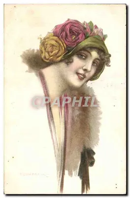 Mulher usando um chapéu decorado com rosas — ilustração de Riccardella — N. 2245