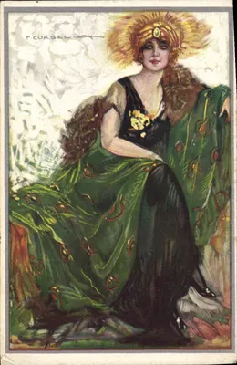 Mulher em vestido verde e pelúcia — ilustração de T. Cordel — série de cartas postais artísticas