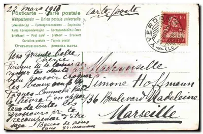 Galinha e pintos — Páscoa — Carta postal multilíngue — Verso