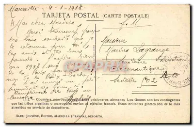 Marokańscy goumiers — oddział francuski — wydawca ALEX. JOUVÈNE, MARSELLA — Rewers