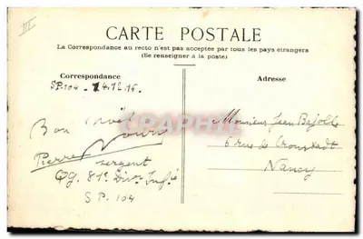 Boże Narodzenie 1916 — scena wojenna z kominkiem i żołnierzem — rysunek akwarelowy — Rewers