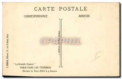 Paris nas trevas — Diante da Torre Eiffel às 9 horas — J. Chazelle, impr. Paris-Bordeaux — Verso