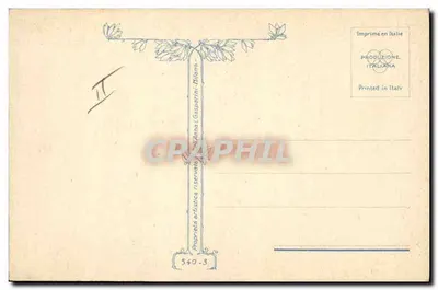 Mulher em traje tradicional despejando leite — cena de aldeia — desenho de Vezzelli — Verso